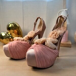 Qupid Pink Saten Platform Heels, Size 8